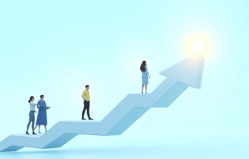 Image representing career growth and success with upward arrows and diverse professionals